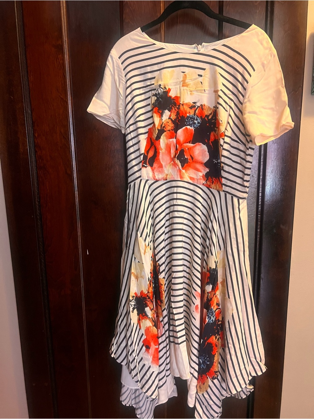 Anthropologie White Black Striped Dress with Orange Floral Panels